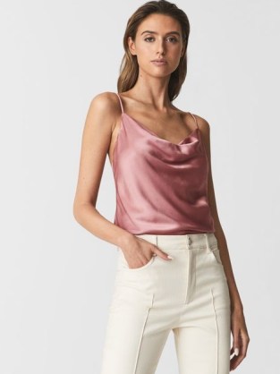 REISS KEEVA SATIN CAMI TOP PINK ~ women’s spaghetti strap tops ~ cowl neck camisole ~ luxe style draped neckline camisoles - flipped