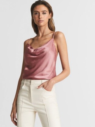 REISS KEEVA SATIN CAMI TOP PINK ~ women’s spaghetti strap tops ~ cowl neck camisole ~ luxe style draped neckline camisoles