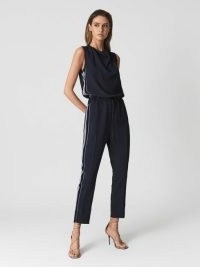 REISS HENLEE SIDE STRIPE JUMPSUIT NAVY ~ sleeveless dark blue drawsting waist jumpsuits ~ women’s smart casual fashion ~ womens chic all-in-one clothes