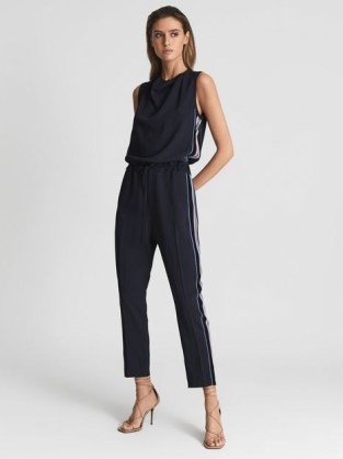 REISS HENLEE SIDE STRIPE JUMPSUIT NAVY ~ sleeveless dark blue drawsting waist jumpsuits ~ women’s smart casual fashion ~ womens chic all-in-one clothes - flipped