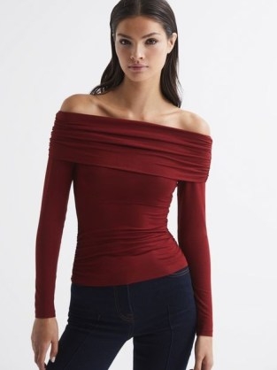 REISS HUDSON OFF-SHOULDER LONG SLEEVE TOP RED ~ ruched bardot tops ~ chic fitted clothes - flipped