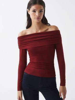 REISS HUDSON OFF-SHOULDER LONG SLEEVE TOP RED ~ ruched bardot tops ~ chic fitted clothes
