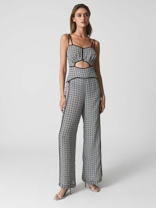REISS REMI PRINTED WIDE LEG RESORT JUMPSUIT BLACK/WHITE ~ strappy printed cut out jumpsuits ~ chic spaghetti shoulder strap all-in-one ~ stylish vacation fashion - flipped