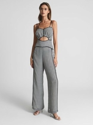 REISS REMI PRINTED WIDE LEG RESORT JUMPSUIT BLACK/WHITE ~ strappy printed cut out jumpsuits ~ chic spaghetti shoulder strap all-in-one ~ stylish vacation fashion
