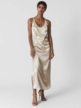 REISS LOTTIE METALLIC MAXI DRESS SILVER ~ luxe tank style dresses ~ fluid fabric ~ sleeveless scooped neck occasion dresses ~ silky evening dresses - flipped