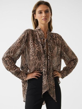 REISS TORA ANIMAL PRINT NECK TIE BLOUSE BROWN ~ glamorous printed pussy bow blouses - flipped