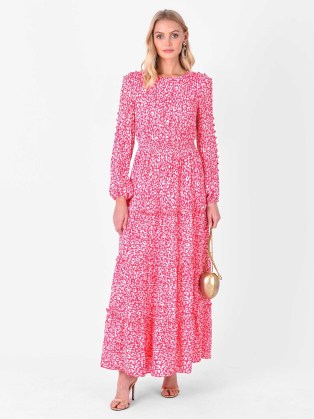John Lewis Ro&Zo Animal Print Cold Shoulder Tiered Maxi Dress, Pink