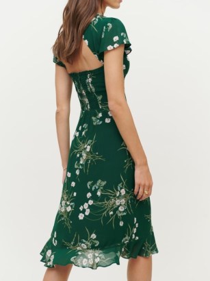 Reformation Rosi Dress in Buena ~ green floral cut out back midi dresses ~ smocked back bodice ~ sweetheart neckline fashion - flipped