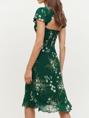 Reformation Rosi Dress in Buena ~ green floral cut out back midi dresses ~ smocked back bodice ~ sweetheart neckline fashion