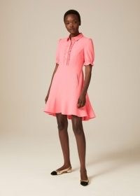 ME and EM Ruffle Front Short Fit + Flare Dress in Carnation Pink ~ ruffled short sleeve tiered hem dresses