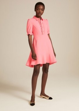 ME and EM Ruffle Front Short Fit + Flare Dress in Carnation Pink ~ ruffled short sleeve tiered hem dresses - flipped