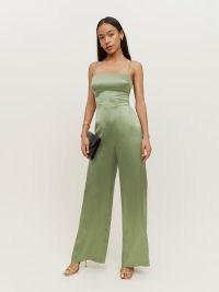 Reformation Sage Silk Jumpsuit in Artichoke ~ luxe green cami strap jumpsuits