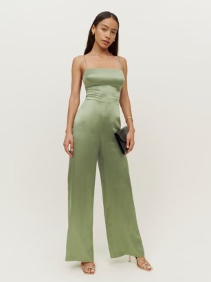 Reformation Sage Silk Jumpsuit in Artichoke ~ luxe green cami strap jumpsuits - flipped