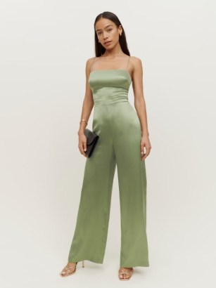 Reformation Sage Silk Jumpsuit in Artichoke ~ luxe green cami strap jumpsuits