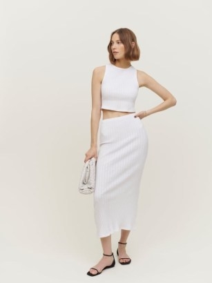 Reformation Sangria Knit Skirt in Cloud White – women’s ribbed slim fit midi skirts - flipped