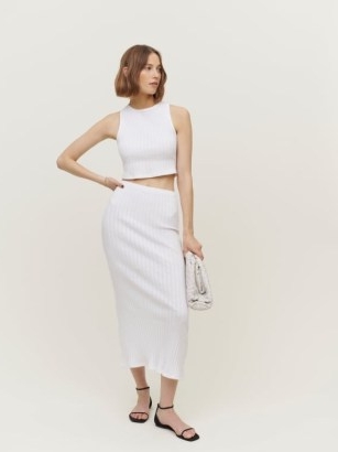 Reformation Sangria Knit Skirt in Cloud White – women’s ribbed slim fit midi skirts