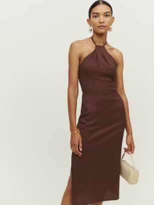 Reformation Santino Dress in cafe – elegant brown halterneck evening dresses – lightweight linen occasion fashion – women’s chic halter neck party clothes - flipped