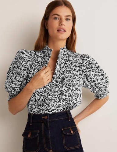 Boden Short Sleeve Smocked Shirt Black, Floret Bud – women’s floral puff sleeve shirts – feminine high neck smock detail cotton blouses