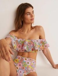 Boden Siena Ruffle Bardot Bikini Top Bonbon, Bloom Garden / womens ruffled off the shoulder swimwear / feminine bikinis / cute floral swimwear