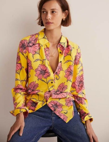 Boden Silk Shirt Lemon Fizz, Peony Bloom / women’s yellow and pink bold floral print shirts / vibrant fashion