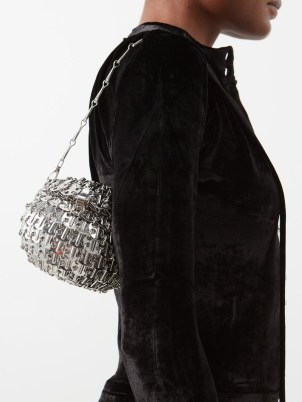 PACO RABANNE 1969 chainmail sphere shoulder bag in silver – small round evening bags covered in metal paillettes – MATCHESFASHION – women’s designer occasion accessories - flipped