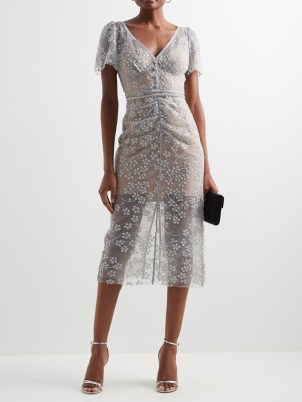 SELF-PORTRAIT Crystal-embellished floral-tulle midi dress in silver – feminine sheer overlay occasion dresses covered in crystals – romance inspired event fashion – front ruched detailing – MATCHESFASHION - flipped