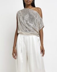 RIVER ISLAND SILVER ONE SHOULDER SEQUIN TOP / glittering sequinned tops / on-trend asymmetric fashion