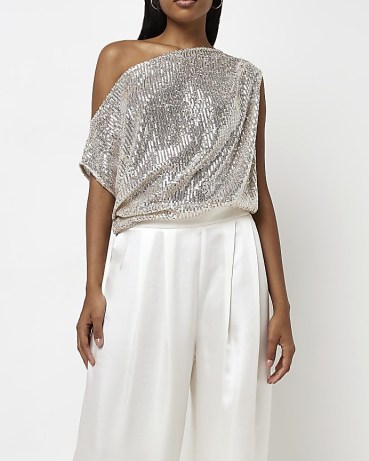 RIVER ISLAND SILVER ONE SHOULDER SEQUIN TOP / glittering sequinned tops / on-trend asymmetric fashion - flipped