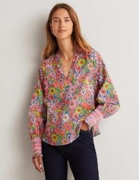 Boden Smocked Cuff Printed Top Bonbon Pink, Bloom Garden – women’s cotton floral print smock detail tops