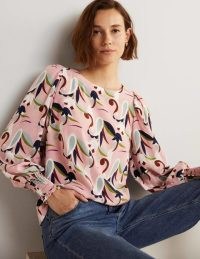 Boden Smocked Cuff Top Milkshake, Paisley Meadow / pretty pink floral tops