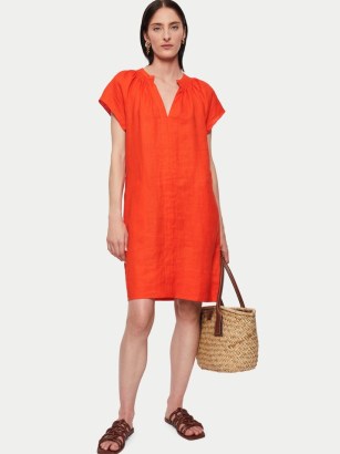 JIGSAW Smocked Linen Dress in red / women’s minimalist fashion / womens minimal style day dresses - flipped