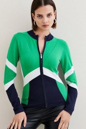 KAREN MILLEN Sporty Colour Block High Neck Knit Top in Green / women’s sportswear inspired clothes / womens colourblock zip front tops / casual fashion with stylish looks - flipped