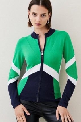 KAREN MILLEN Sporty Colour Block High Neck Knit Top in Green / women’s sportswear inspired clothes / womens colourblock zip front tops / casual fashion with stylish looks