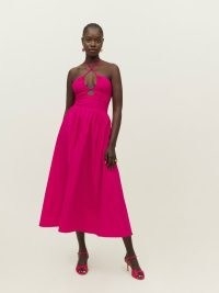Reformation Stassie Dress in Corvette – hot pink cut out fit and flare occasion dresses