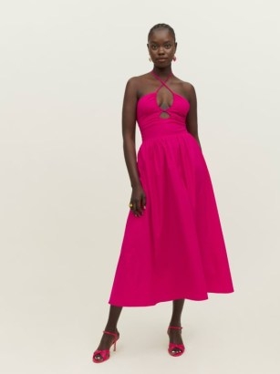 Reformation Stassie Dress in Corvette – hot pink cut out fit and flare occasion dresses - flipped