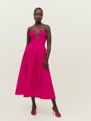 Reformation Stassie Dress in Corvette – hot pink cut out fit and flare occasion dresses