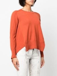 Stella McCartney waterfall-hem fine-knit jumper in orange | women’s asymmetric hemline jumpers | womens designer knitwear | long sleeved crew neck sweaters | farfetch | cashmere / wool blend