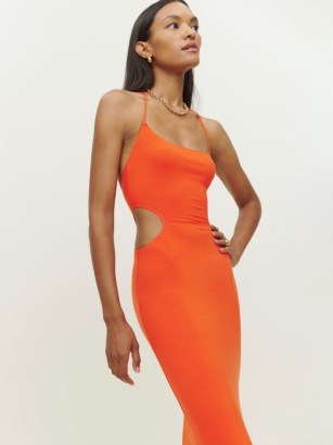 Reformation Tati Knit Dress in Flame / orange cut out halterneck midi dresses / spaghetti strap halter fashion