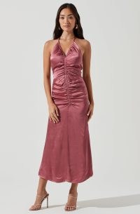 ASTR THE LABEL TOLEDO RUCHED HALTER MIDI DRESS in Mauve | glamorous front gathered halterneck party dresses | evening glamour