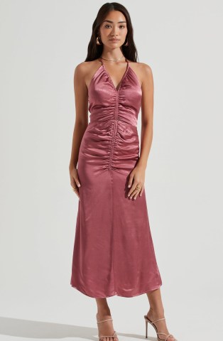 ASTR THE LABEL TOLEDO RUCHED HALTER MIDI DRESS in Mauve | glamorous front gathered halterneck party dresses | evening glamour - flipped