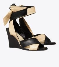 Tory Burch WRAP-UP WEDGE in Perfect Black | Marzapanne / chic leather colour block wedged sandals / women’s colourblock shoes / womens stylish designer footwear / crossover ankle tie wedges