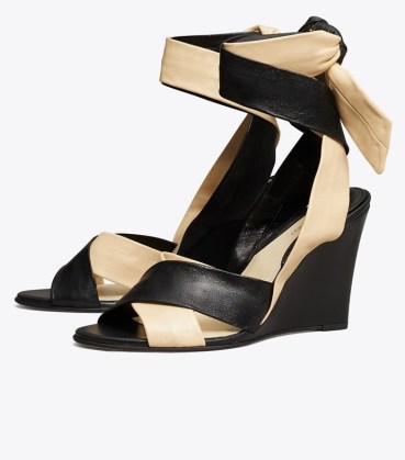 Tory Burch WRAP-UP WEDGE in Perfect Black | Marzapanne / chic leather colour block wedged sandals / women’s colourblock shoes / womens stylish designer footwear / crossover ankle tie wedges - flipped