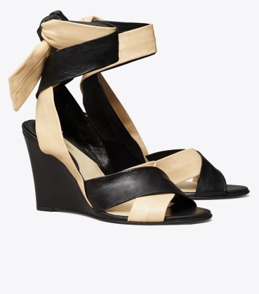 Tory Burch WRAP-UP WEDGE in Perfect Black | Marzapanne / chic leather colour block wedged sandals / women’s colourblock shoes / womens stylish designer footwear / crossover ankle tie wedges