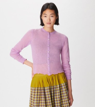 Tory Burch SHEER CREWNECK CARDIGAN Light Violet ~ lightweight lettuce edge cardigans ~ women’s luxe knitwear - flipped