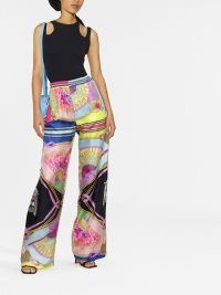 Versace graphic-print wide-leg trousers in multicolour – women’s floaty multicoloured silk pants – mixed prints on womens designer clothes – FARFETCH