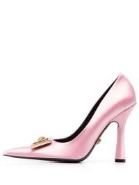 Versace Medusa Crystal 110mm satin pumps in pink ~ luxe pointy courts ~ luxury pointed toe buckle detail court shoes ~ women’s designer footwear ~ FARFETCH