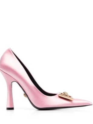 Versace Medusa Crystal 110mm satin pumps in pink ~ luxe pointy courts ~ luxury pointed toe buckle detail court shoes ~ women’s designer footwear ~ FARFETCH - flipped
