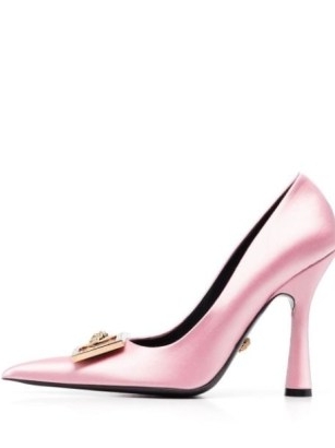 Versace Medusa Crystal 110mm satin pumps in pink ~ luxe pointy courts ~ luxury pointed toe buckle detail court shoes ~ women’s designer footwear ~ FARFETCH