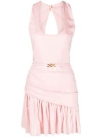 Versace Medusa mini dress rose pink ~ sleeveless ruched detail dresses ~ back cut out ~ FARFETCH ~ asymmetric pleated hem ~ women’s designer fashion