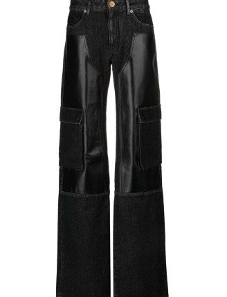 Versace panelled wide-leg jeans in black | women’s mixed denim and leather panel fashion | womens designer clothes | pocket detail - flipped